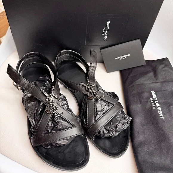Saint Laurent Black Strappy YSL logo flat sandals black silver 37 + box - Picture 4 of 16